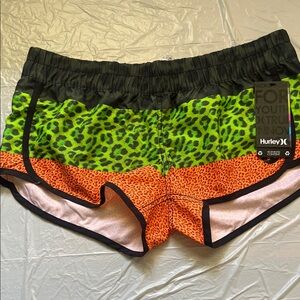 Hurley Women's Neon Green & Orange Leopard Athletic Shorts